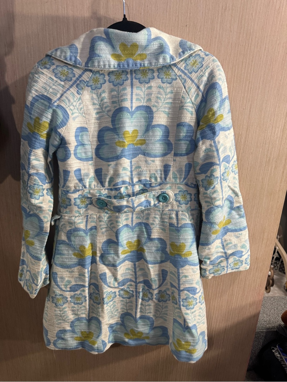 Women’s Elevenses Linen Blend Blue and Cream Floral Pea Coat Size 6 - Picture 4 of 4